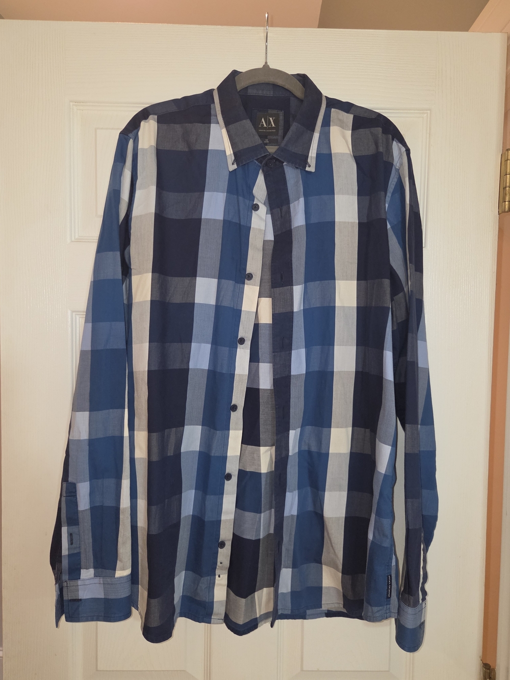 Armani Exchange Men's Blue & White Large Plaid Button-Down Shirt